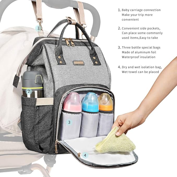 Diaper Bag Backpack for Women, Baby Bags for Girls,Diaper Bag with Changing Pad, and Insulated Pockets (Dark Grey +Light Grey)-CubbioJoy