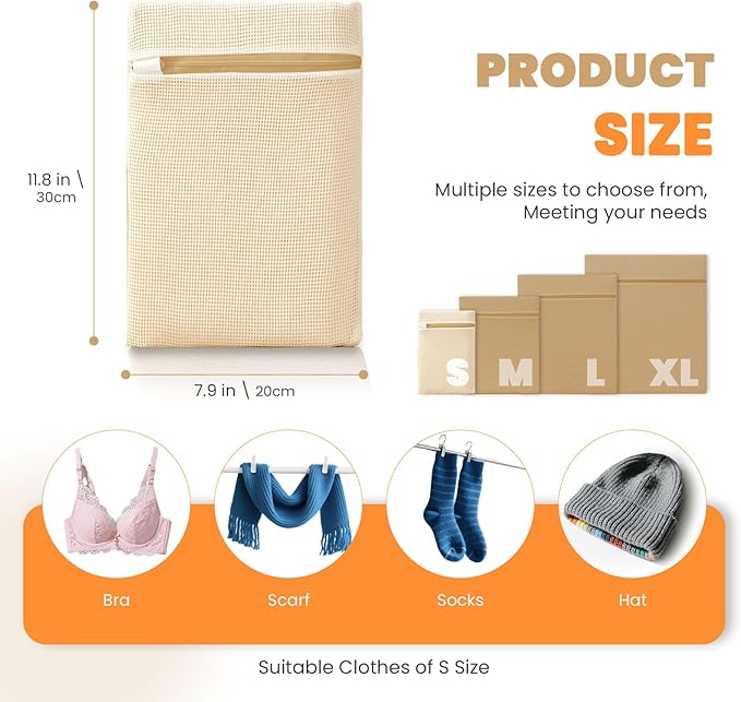 4Pcs Cotton Mesh Laundry Bags for Delicates,Breathable Mesh Garment Bag for Washing Machine,Travel Wash Bags with Zipper for Bras,Underwear,Socks,Baby Clothes,Laundry Dorm Room Essentials(S)-CubbioJoy