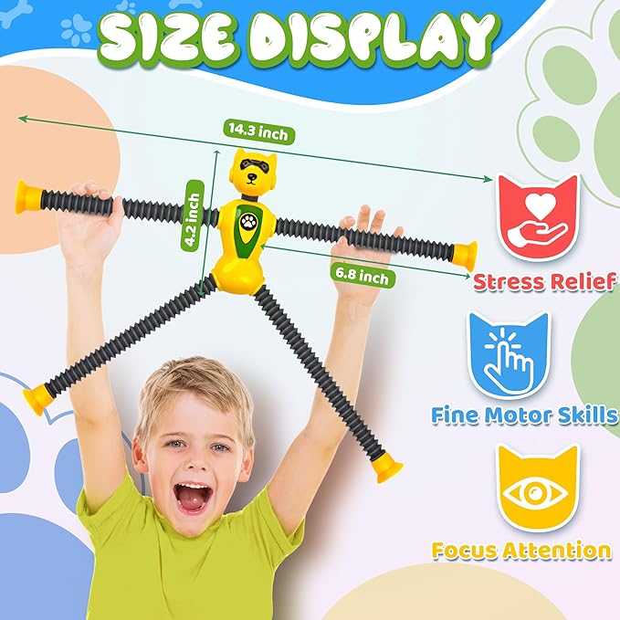 Cool Robot Dog Pop Tubes Sensory Fidgets Toddler Toy 4PC Travel Toys Airplane Car Activities Autistic Road Trip Toys Suction Tube for Kid Boy Year Old Ages 3 4 5 6 7 8 ADHD Autism Fidget Classroom-CubbioJoy