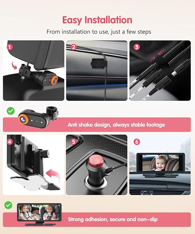 BM5PRO 7.2" 1080P HD Baby Car Camera for 2 Kids, Split Screen with IR Night Vision, Easy to Install & Adjust Brightness, Dual Car Camera Baby Monitor for Rear Seat Safety-CubbioJoy