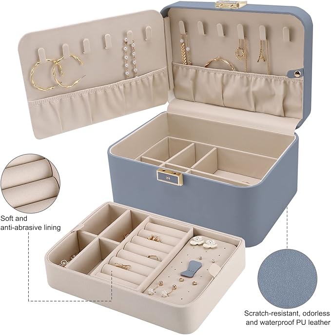 KAMIER Jewelry Organizer Box, 2 Layers PU Leather, Large Capacity, Double Lock and Large Mirror, Hidden Necklace Hooks, Removable Dividers, Gift Box Packaging,Bluish Grey-CubbioJoy