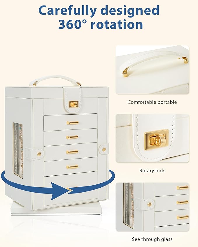 AKOZLIN Jewelry Box 6-Tier Organizer Functional 360° Rotating Jewelry Storage Case for Women Girls Ring Necklace Earring Bracelet Holder with Mirror-CubbioJoy