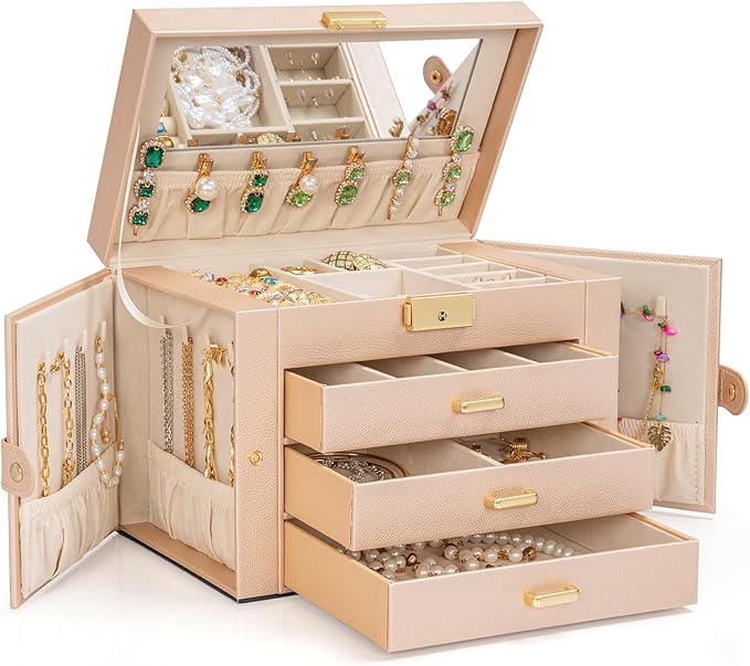 AKOZLIN Large 4-Tier Jewelry Box Leather Jewelry Storage Organizer with 3 Drawers Lockable for Women Girls Ring Necklace Earring Bracelet Watches Holder with Mirror Champagne-CubbioJoy