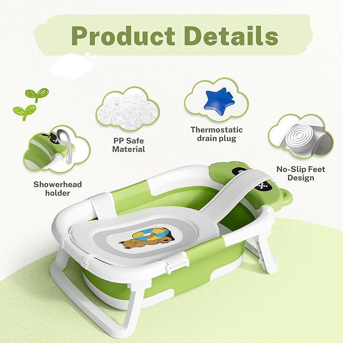 AVIDOR Baby Bathtub,Collapsible Bathtub for Newborn to Toddler,Durable Essential Infant Bath Tub,Portable Travel Baby Tub with Soft Cushion,No-Slip Hanging and Detachable(Green)-CubbioJoy