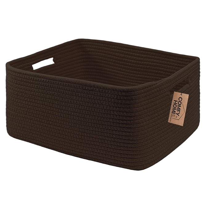 COMFY-HOMI Cotton Rope Woven Basket with Handles for Shelves,Toys,Book, Cloth Storage Baskets for Organizing-17" x 13" x 7.5" Toy Decorative Organizer for Living Room, Bathroom （dark brown）-CubbioJoy