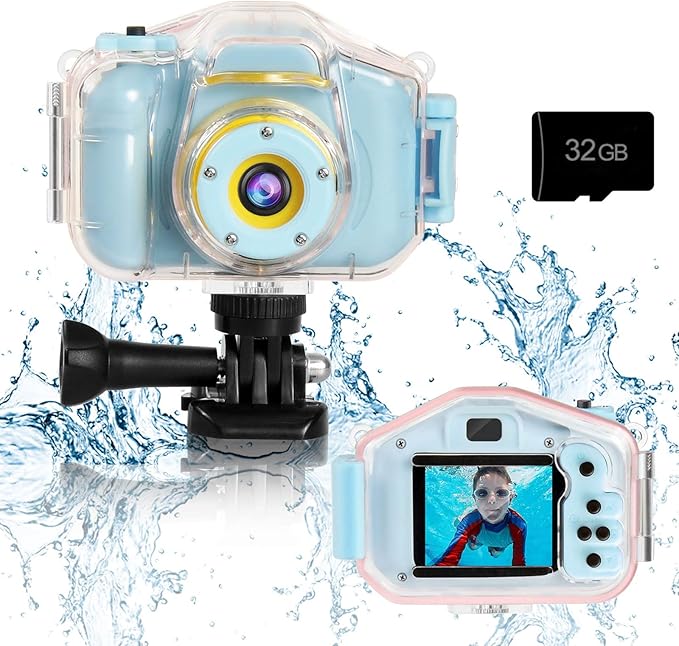 Agoigo Kids Waterproof Camera - Children Underwater HD Video Digital Camcorder, Portable Travel Toy for Toddler - Ideal Christmas Birthday Gifts for Boys Girls Age 3-12 with 32GB Card (Blue)-CubbioJoy