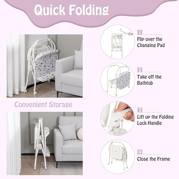 BABY JOY Baby Bathtub with Changing Table, Foldable Infant Diaper Changing Station with Storage Tray, Waterproof Pad, Portable Newborn Nursery Organizer Bath Stand with 4 Universal Wheels (White)-CubbioJoy