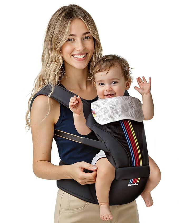 Baby Carrier with Hip Seat, BeBeBus 2-in-1 Ergonomic Newborn to Toddler Carrier up to 44 lbs, Detachable Hands-Free for Infant, All Season Forward-Facing Carry, Fits Waist Sizes up to 38 inch (Black)-CubbioJoy