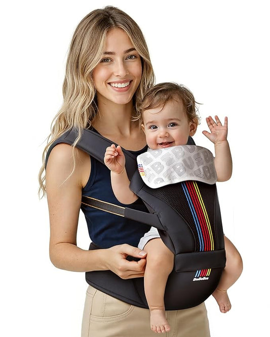 Baby Carrier with Hip Seat, BeBeBus 2-in-1 Ergonomic Newborn to Toddler Carrier up to 44 lbs, Detachable Hands-Free for Infant, All Season Forward-Facing Carry, Fits Waist Sizes up to 38 inch (Black)-CubbioJoy