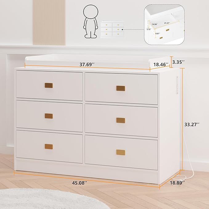 Dresser for Bedroom with 6 Drawers, Changing Table Dresser with Power Outlets, Soft Changing Pad & Removable Top, Baby Dresser with Changing Table Top for Nursery, White-CubbioJoy
