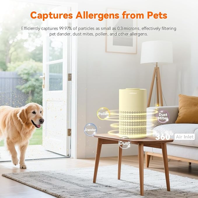 AIRROMI Air Purifier for Bedroom with HEPA Fet Filters, Pet Air Purifiers for Home Cat Pee Smell, Covers Up to 990Ft², Quiet 360° intake Air Cleaner for Allergies Dust Smoke Odor A2001 Yellow-CubbioJoy