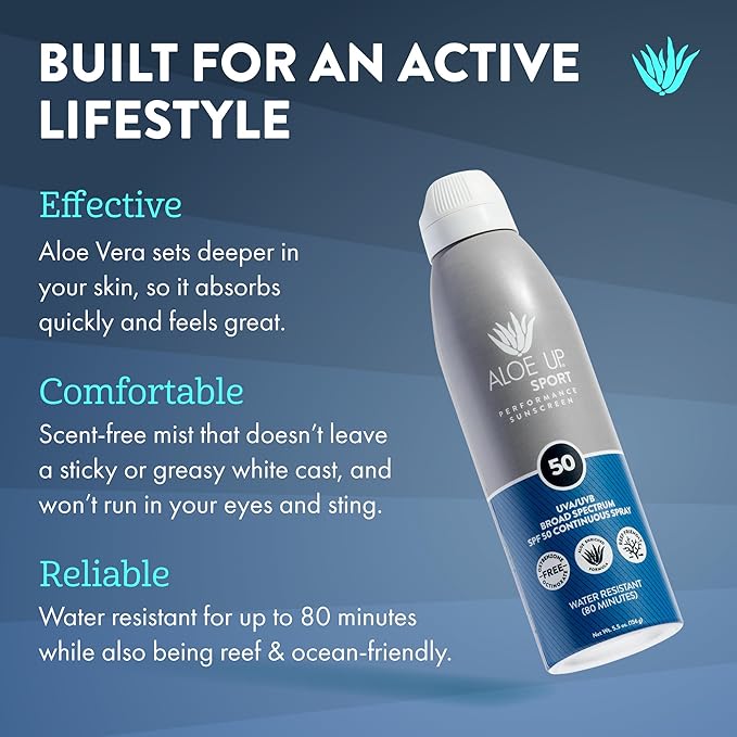 ALOE UP Sport Continuous Spray Sunscreen SPF 50 - Broad Spectrum UVA/UVB Sunscreen Protector for Face and Body - With Aloe Vera Gel - Fast Absorbing Sheer Formula - Reef Safe - Fragrance-Free - 6 Oz-CubbioJoy