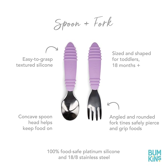 Bumkins Toddler Utensils, Kids Size Fork and Spoon Set, Silicone and Stainless-Steel Training Silverware, Angled Forks / Sporks for Self-Feeding, Children Hold Learning to Eat, 18 Months Up, Lavender-CubbioJoy