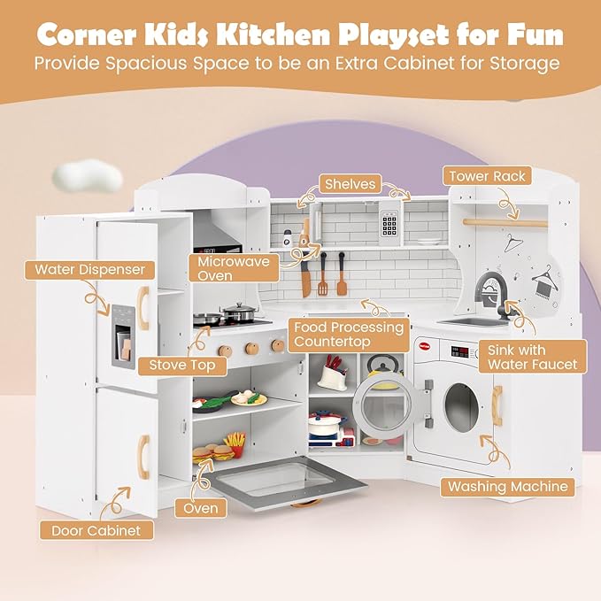 Costzon Corner Kids Kitchen Playset, Wooden Play Kitchen with Sounds & Lights, Washing Machine, Range Hood, Ice Maker, Microwave, Oven, Sink, Pretend Toy Kitchen Set for Toddler, Gift for Boys Girls-CubbioJoy