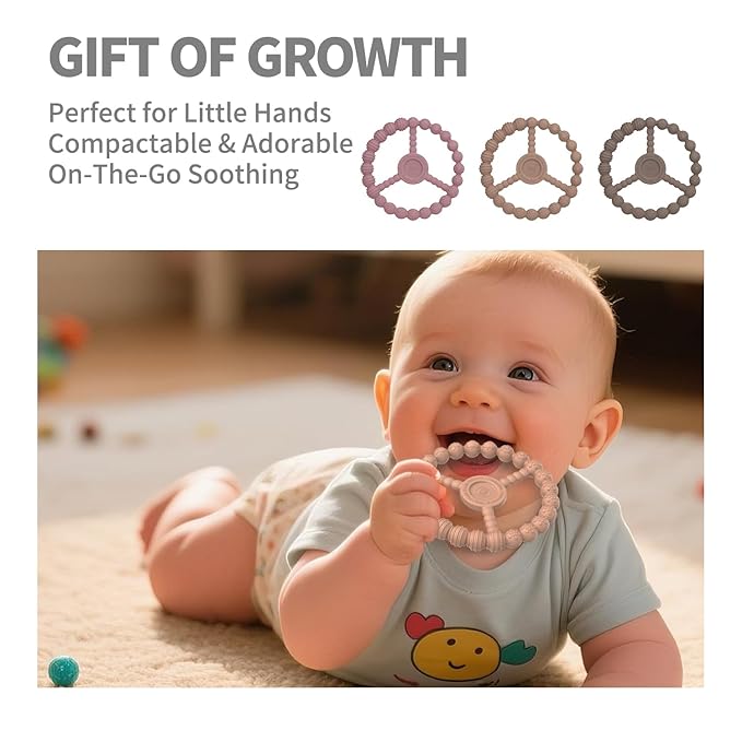 3 Pack Baby Teething Toys 3-6 Months, Silicone Ring Teethers for Babies 6-12 Months, Freezer Safe Chew Toy with Textured Grip for Boys Girls Teething Relief, Infant Easter Gift (Clay DustyRose Brown)-CubbioJoy