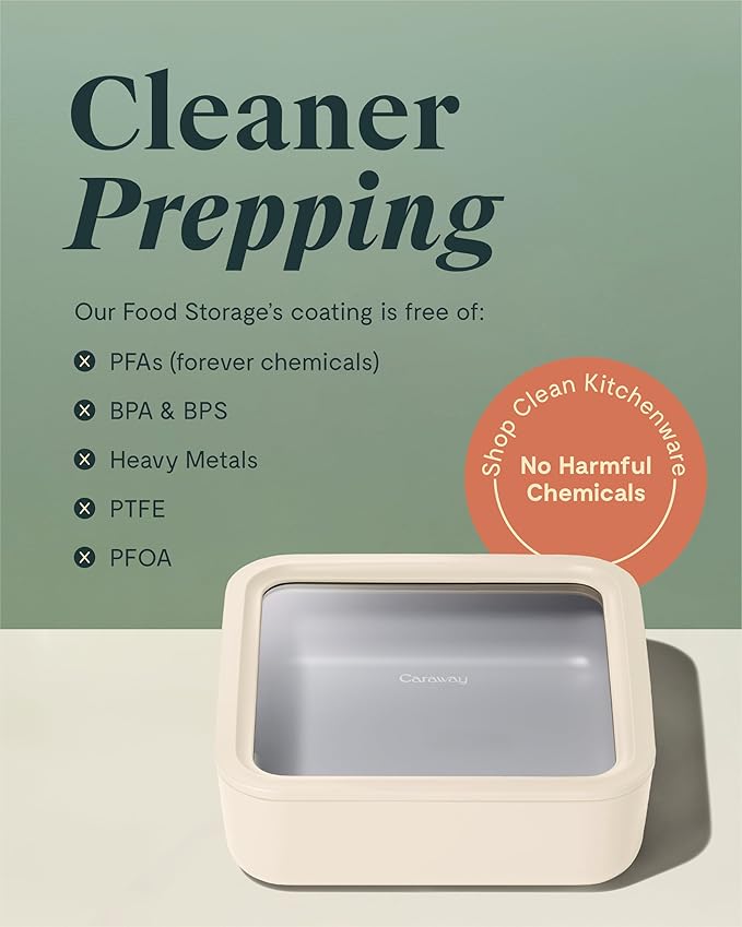 Caraway Glass Food Storage, 10 Cup Glass Container,Ceramic Coated Food Container,Easy to Store, Non Toxic, Non Stick Lunch Box Container with Glass Lids. Dishwasher, Oven,Square Shape,Cream-CubbioJoy