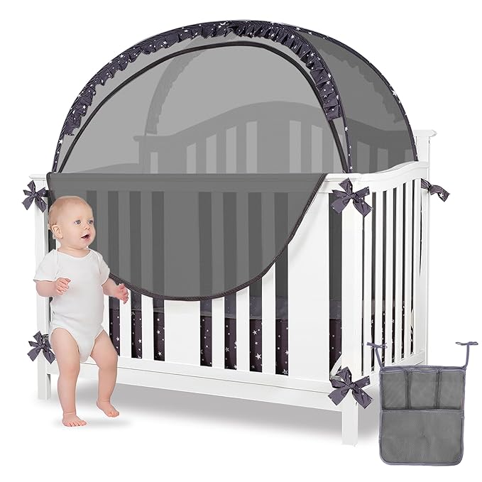 Baby Safety Crib Tent Infant Pop up Mosquito Net Nursery Bed Canopy Netting Cover - Keep Baby from Climbing Out with Hanging Diaper Storage Bag (Dark Gray)-CubbioJoy