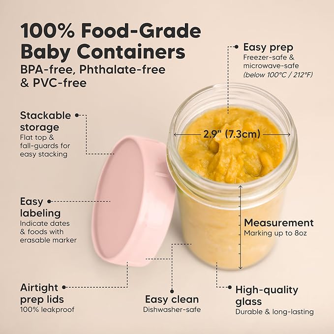 KeaBabies 4pk 8oz Glass Baby Food Containers with Lids - Leak-Proof, Microwavable Small Glass Jars, Baby Purees & Toddler Snack Storage Containers, BPA-Free, Dishwasher & Freezer Safe (Roseate)-CubbioJoy