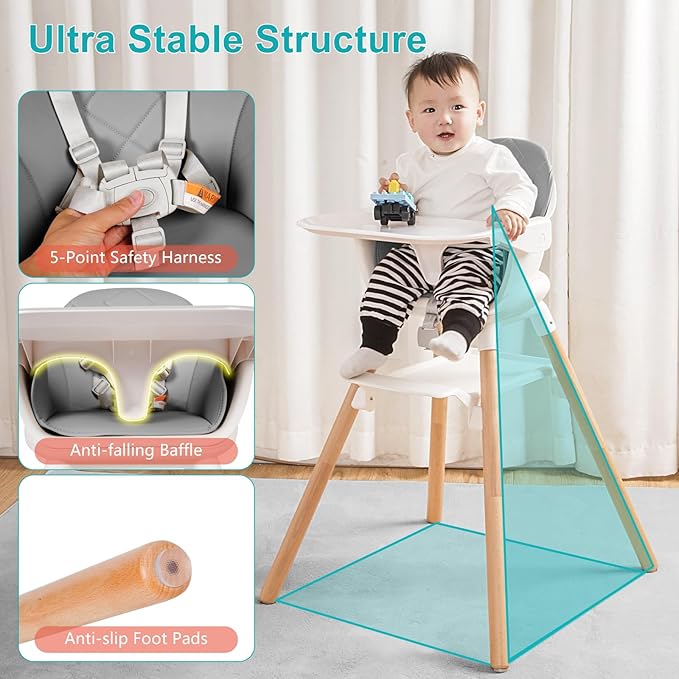 Baby High Chair, 6 in 1 Wooden Convertible High Chairs for Babies and Toddlers, Booster Seat with Double Tray & Reversible Footrest Baby Highchair, 5-Point Harness Baby Feeding Chair, Grey-CubbioJoy