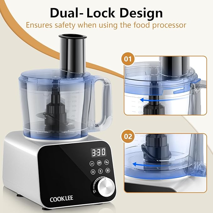 COOKLEE Food Processor, 600 Watts, 6 Functions Electric Food Chopper for Chopping, Mincing, Dicing, Shredding, Slicing, Purees & Dough with 12cup Processor Bowl, Food Chute & Pusher, Silver-CubbioJoy