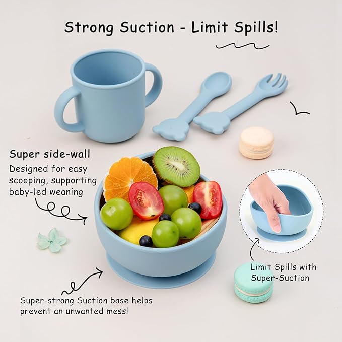 Baby Silicone Feeding Set, 13PCS Baby Self Feeding Set, Toddler Led Weaning Utensils Sets with Suction Bowl and Plate, 3 Set of Baby Spoons and Forks, Adjustable Bid, Sippy Cup with Straw and 2 Lids-CubbioJoy