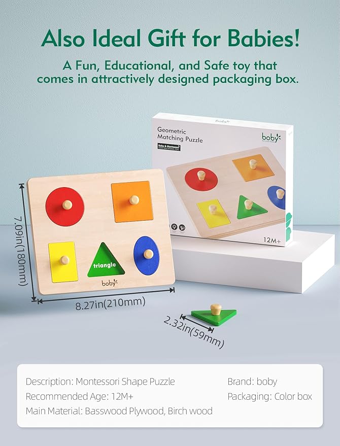 Boby Montessori Wooden Puzzle Board Knob Wooden Puzzle Geometric Shape Puzzle Early Education Material Sensorial Toy for Toddler Shape & Color Sorter (5 Geometry Shape)-CubbioJoy