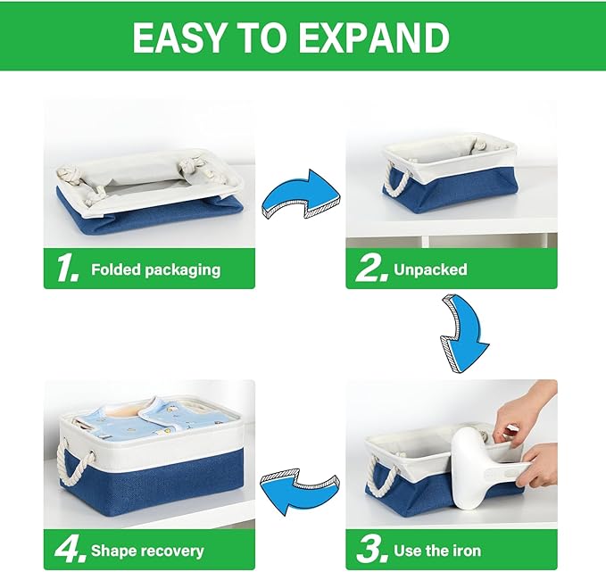 Bidtakay Small Storage Baskets for Shelves 3 Pack Fabric Storage Bins for Organizing Linen Collapsible Organizer for Closet-White&Blue-CubbioJoy