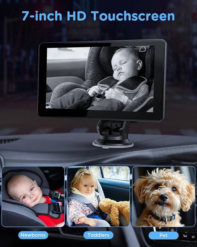 Baby Car Monitor for Backseat, 7" Touchscreen Camera Baby Camera with USB Plug and Play Easy Setup, 150° Wide Angle, Night Vision, Flexible 360 Rotation-CubbioJoy