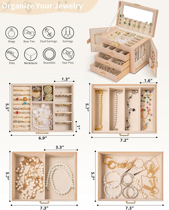 AKOZLIN Large 4-Tier Jewelry Box Leather Jewelry Storage Organizer with 3 Drawers Lockable for Women Girls Ring Necklace Earring Bracelet Watches Holder with Mirror Champagne-CubbioJoy
