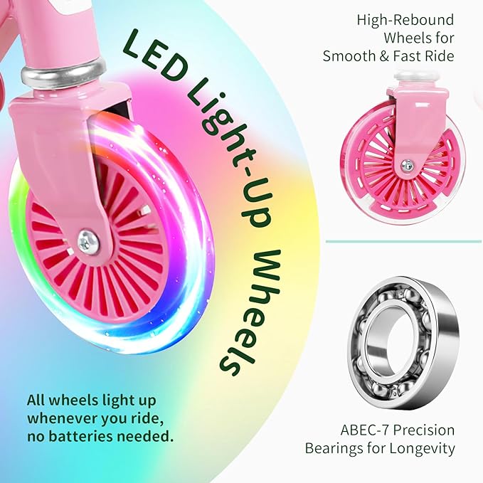 BELEEV V2 Scooters for Kids with Light-Up Wheels & Stem & Deck, 2 Wheel Folding Scooter for Girls Boys, 3 Adjustable Height, Non-Slip Pattern Deck, Lightweight Kick Scooter for Children Ages 3-12-CubbioJoy