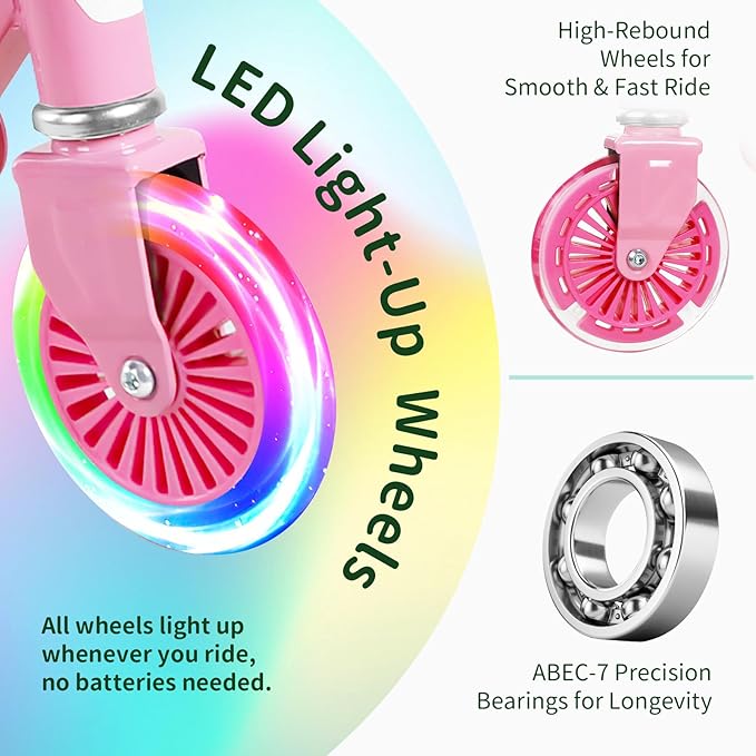 BELEEV V2 Scooters for Kids with Light-Up Wheels & Stem & Deck, 2 Wheel Folding Scooter for Girls Boys, 3 Adjustable Height, Non-Slip Pattern Deck, Lightweight Kick Scooter for Children Ages 3-12-CubbioJoy