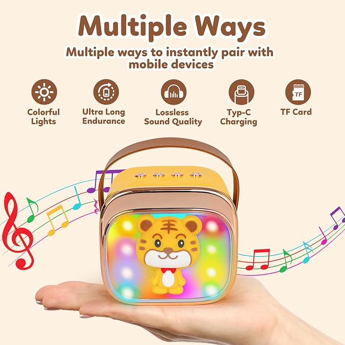 Karaoke Machine for Kids, Portable Mini Karaoke Machine with 2 Wireless Microphones, 4 5 6 7 8 9 10 Years Old Girl Boy Easter Christmas Birthday Gift Tiger Speaker Toys-CubbioJoy