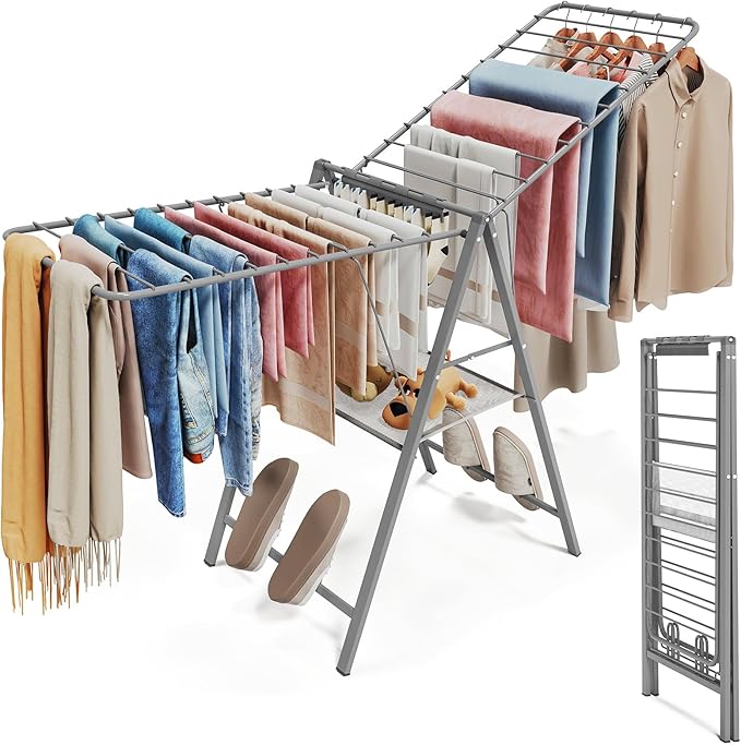 APEXCHASER Clothes Drying Rack Foldable, Metal Laundry Drying Rack Collapsible, Portable Compact Clothes Rack for Sweater Baby Clothes Towel Indoor & Outdoor, Height Adjustable Clothes Airer, Grey-CubbioJoy