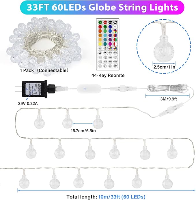 Color Changing String Lights Plug in, 33ft 60LED Connectable Crystal Globe String Lights Remote, Decorative Outdoor Twinkle Lights for Girl Gift Bedroom Patio Garden Tent Camp Party Christmas Décor-CubbioJoy
