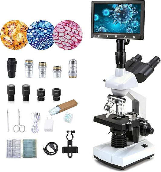 40X-5000X Compound trinocular Microscopes trinocular for Adults,Display Screen, Microscope Accessories, Microscopes for School Laboratory Home Education Abbe Condenser-CubbioJoy