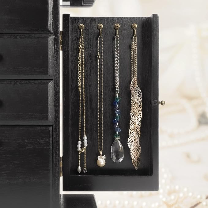 Jewelry Box for Women, Rustic Wooden Jewelry Boxes & Organizers with Mirror, 4 Layer Jewelry Organizer Box Display for Rings Earrings Necklaces Bracelets (Black)-CubbioJoy