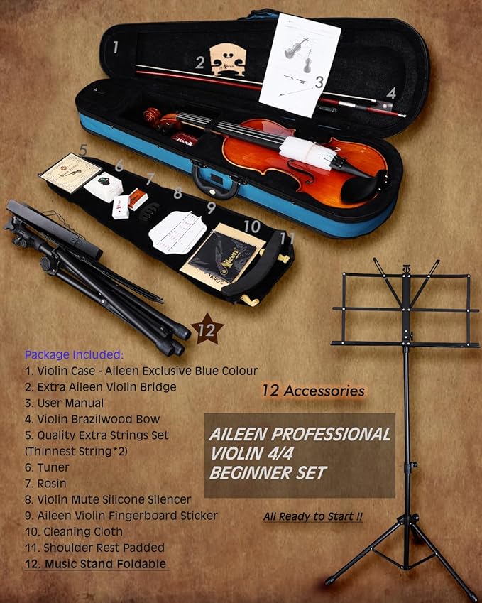 Aileen Solid Wood Violin 4/4 Full Size for Adults and Kids Age 12+, Fiddle Set for Beginners Student, Professional Violin Starter Kit with 12 Accessories (Selected European Solid Spruce and Maple)-CubbioJoy