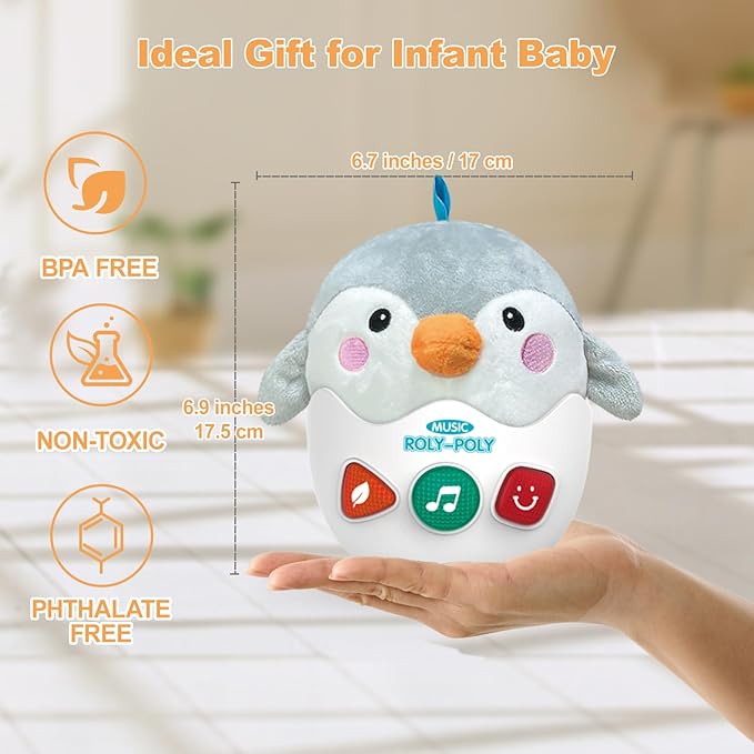 Infant Toys 0-3-6-12 Months Shower Gifts, Plush Cute Stuffed Animal Penguin Musical Baby Tummy Toys with Light & Sounds, Roly-Poly Easter Birthday Gift for Newborn Boys & Girls-CubbioJoy