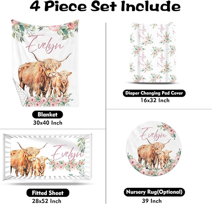 Custom Nursery Crib Bedding Set: Personalized Name 4 Piece Floral Highland Cow Design Baby Crib Sets for Girls - Toddler Double Layer Blanket Set, Comfortable Crib Bed Sheets for Baby Toddlers-CubbioJoy