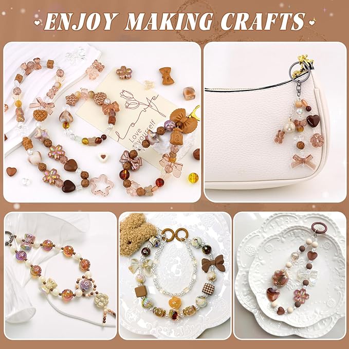 Assorted 170-230PCS Brown Acrylic Beads for Bracelet Making, Flower Bow Butterfly Candy GummyBear Aesthetic Bracelet Charms,Cute Beads for Jewelry Making DIY Necklace Keychain Phone Charm-CubbioJoy