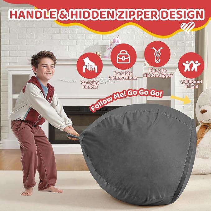 2FT Bean Bag Chair, Comfy Bean Bag Chairs with Memory Foam Filled, Fluffy Beanbag Sofa with Dutch Velvet Cover, Teardrop BeanBag Chairs for Living Room, Playroom - Grey-CubbioJoy