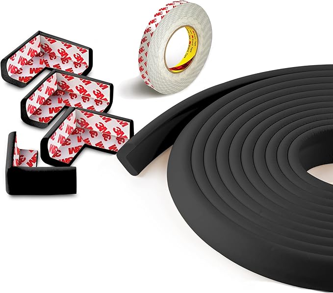 Baby Proof Corners and Edges with Furniture Corner & Edge Safety Bumpers, Impact-Absorbent 18ft Bumper & 8 Foam Corner Protectors, Cushy, Thick, Odorless Table Edge Protectors for Baby, Child | Black-CubbioJoy