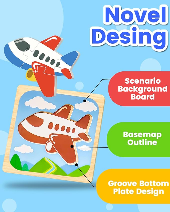 Benresive Wooden Toddler Puzzles, Montessori Toys for 1 2 3 Year Old Boys, Toys for 1 2 3 Year Old Boy Birthday Gifts, 12 Pack Vehicle Toddler Learning Educational Puzzles-CubbioJoy