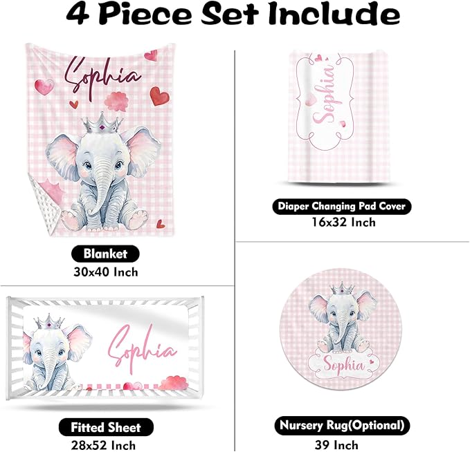 Custom Nursery Crib Bedding Set: Personalized Name 4 Piece Pink Checkered Elephant Pattern Baby Crib Sets for Girls - Toddler Double Layer Blanket Set, Comfortable Crib Bed Sheets for Baby Toddlers-CubbioJoy