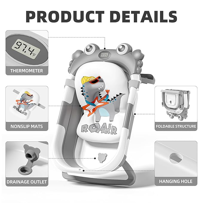 Collapsible Baby Bathtub for Newborns to Toddler with Real-time Temp Monitor & Floating Cushion,Portable Travel Tub for 0-36 Month, Foldable Baby Bath Tub for Infants Boy (Grey)-CubbioJoy