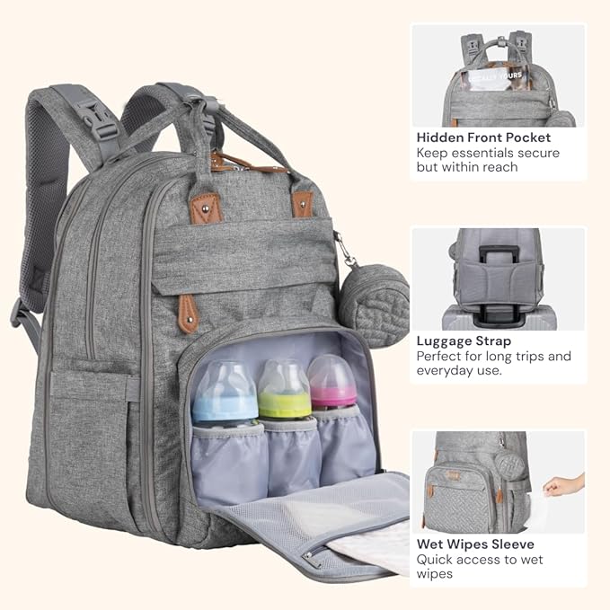 BabbleRoo Extra Large Diaper Bag Backpack, Expandable Baby Bag with Up to 50% More Capacity - Travel Essentials Baby Bag Tote with Changing Pad, Stroller Straps & Pacifier Case - Unisex, Light Gray-CubbioJoy