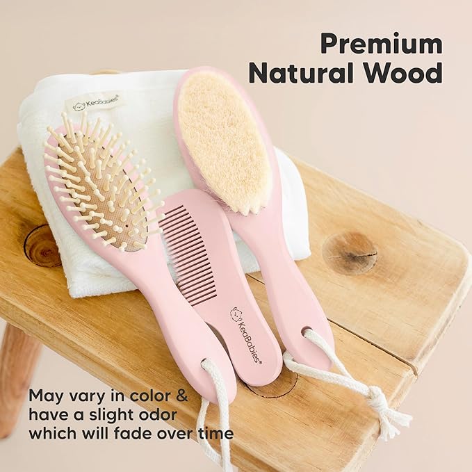 Baby Hair Brush and Comb Set for Newborn - Wooden Baby Hair Brush Set with Soft Goat Bristle, Baby Brush Set for Newborns, Baby Brush and Comb Set Girl, Boy, Toddler Cradle Cap Brush (Oval, Blush)-CubbioJoy