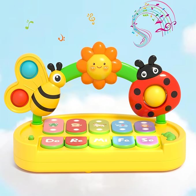 Baby Piano Toy for Kids 0-6-12-18 Months, Light Up Baby Keyboard Musical Toy with Press Pop Bubbles, 4 Modes Toddler Piano for Boys Girls Ages 1-3, Detachable & Portable Infant Toy Gift-CubbioJoy