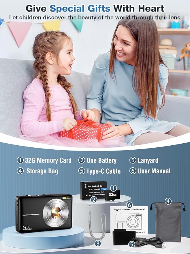 Digital Camera,FHD 1080P Kids Camera 44MP Point and Shoot Digital Cameras with 32GB Card,16X Zoom,Anti-Shake,Date Stamp,Compact Small Cameras Photography for Kids Student Teen Girl Boy(Black)-CubbioJoy