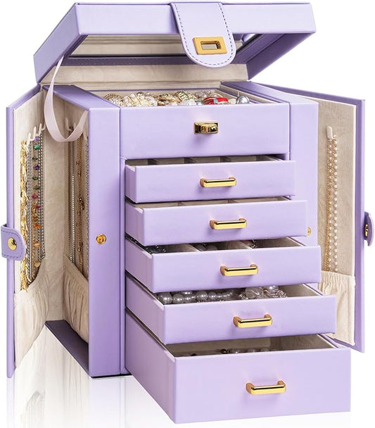 AKOZLIN Jewelry Box Organizer Functional Leather Jewelry Storage Case for Women Girls Ring Necklace Earring Bracelet Holder Organizer with Mirror Purple-CubbioJoy